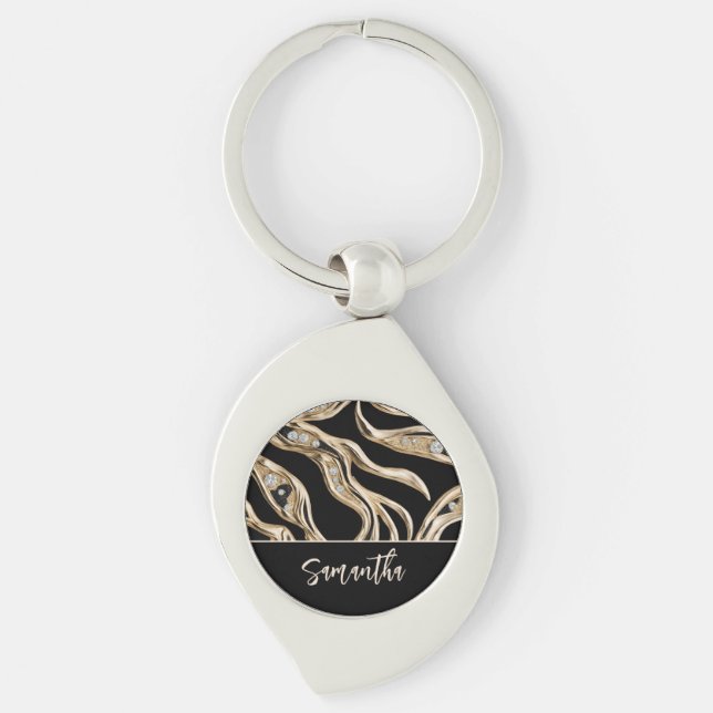 White diamonds, gold border abstract shapes key ring (Front)