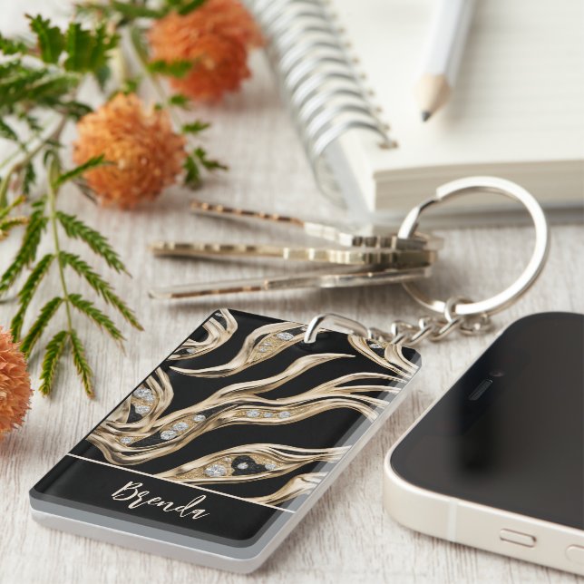 White diamonds, gold border abstract shapes key ring (Front Right)