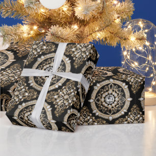 White diamonds, gold border mandala glamour design wrapping paper