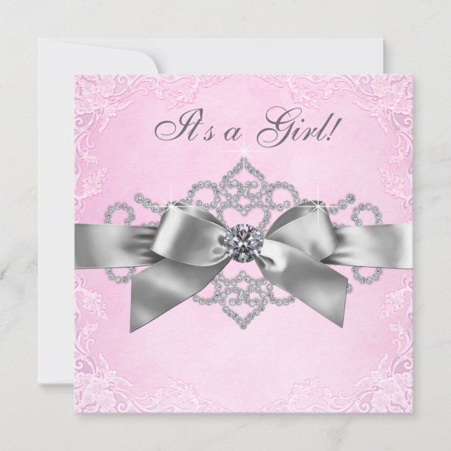 White Diamonds Pink and Grey Baby Shower Invitation (Front)
