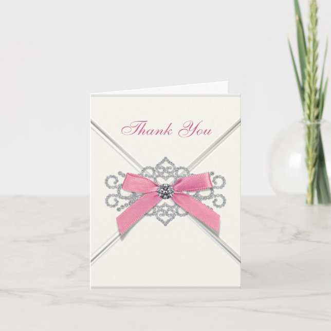 White Diamonds Pink Bow Thank You Cards (Front)