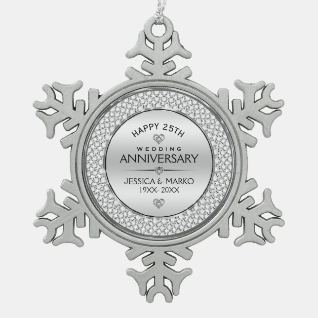 White Diamonds & Silver 25th Wedding Snowflake Pewter Christmas Ornament (Front)