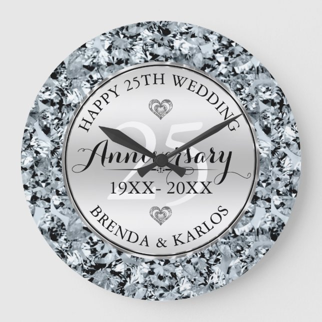 White Diamonds Silver Wedding Anniversary Large Clock (Front)