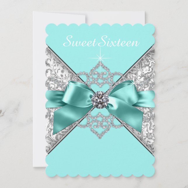 White Diamonds Teal Blue Sweet 16 Birthday Party Invitation (Front)