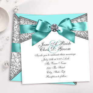 White Diamonds Teal Blue Wedding Invitation