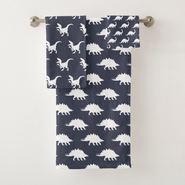 White Dinosaurs & Navy Blue Bath Towel Set (Insitu)