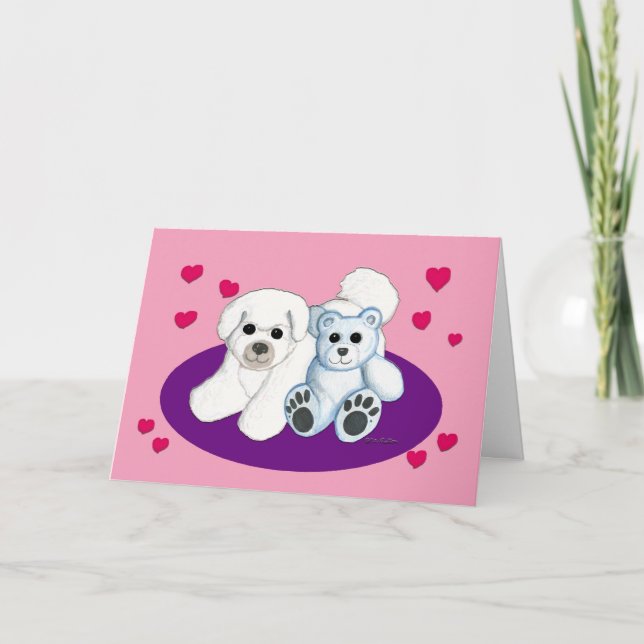 White Dog and Teddy Valentine Holiday Card (Front)