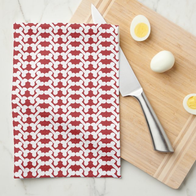 White Dog Bone Herringbone Pattern Brick Red Tea Towel (Quarter Fold)