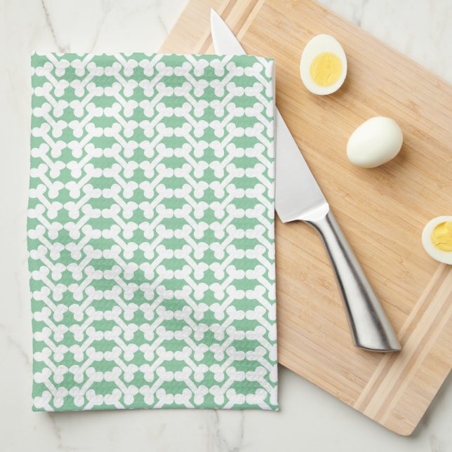White Dog Bone Herringbone Pattern Sage Green Tea Towel (Quarter Fold)