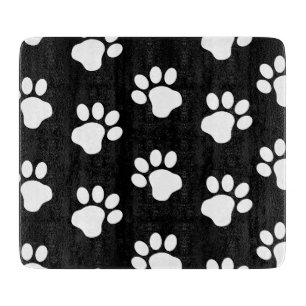 White Dog Cat Paw Prints on Black Cutting Board