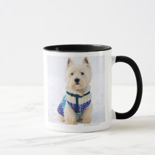 White dog in clothes in the snow. mug
