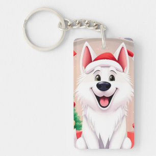 White Dog in Santa Hat Key Ring