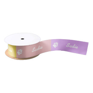 White Dog Paw And Name On Colourful Pastel Colours Satin Ribbon