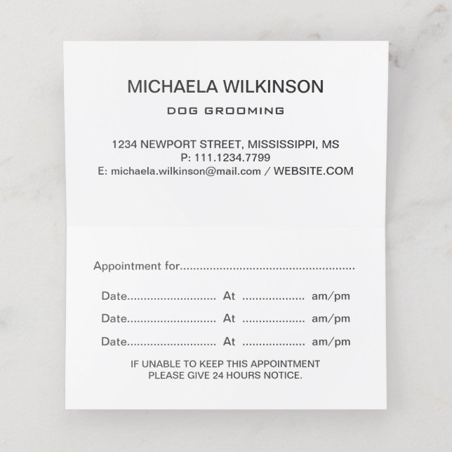  White Dog Paw on black Pet Grooming Service  Appointment Card (Inside Unfolded)