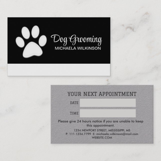  White Dog Paw on black Pet Grooming Service  Appointment Card (Front/Back)