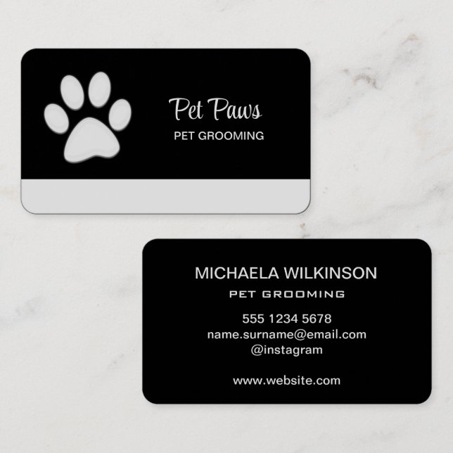  White Dog Paw on black Pet Grooming Service  Business Card (Front/Back)