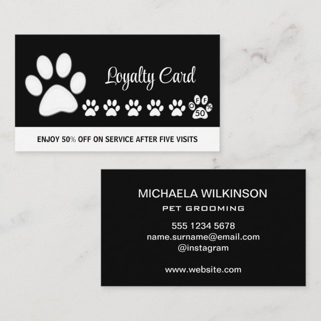  White Dog Paw on black Pet Grooming Service  Loyalty Card (Front/Back)
