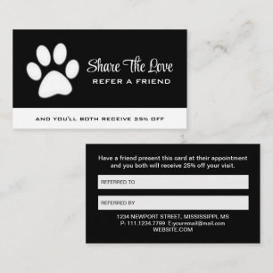 White Dog Paw on black Pet Grooming Service Referral Card