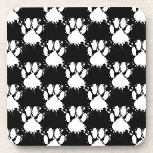 White Dog Paw Pattern With Paint Splatter Coaster