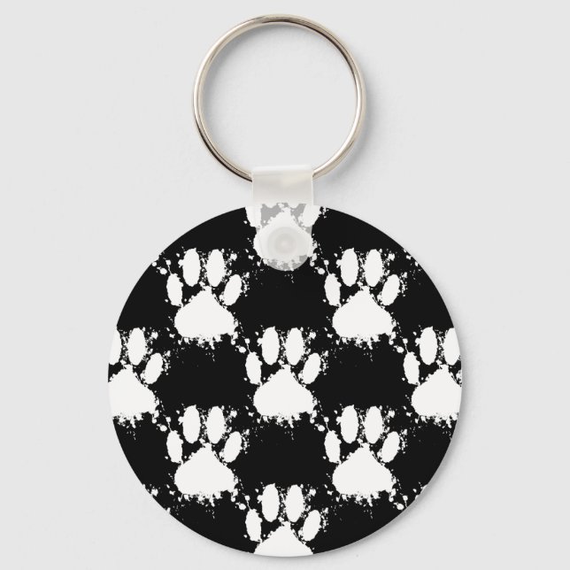 White Dog Paw Pattern With Paint Splatter Key Ring (Front)