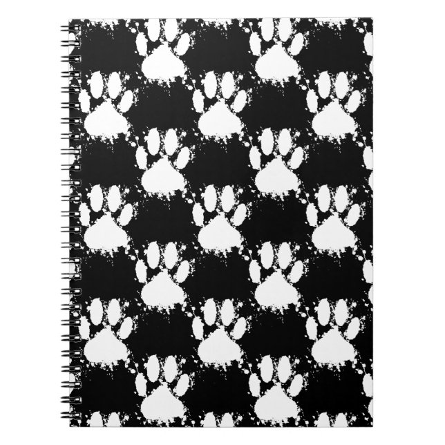 White Dog Paw Pattern With Paint Splatter Spiral Notebook (Front)