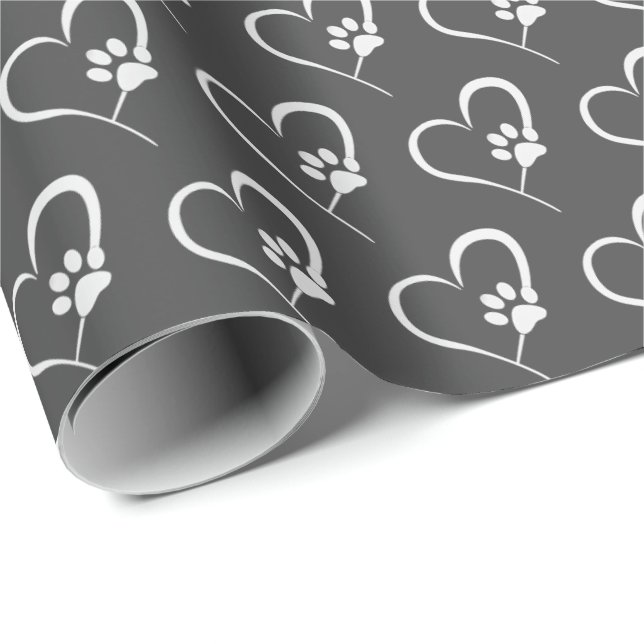 white dog paw prints on heart wrapping paper (Roll Corner)