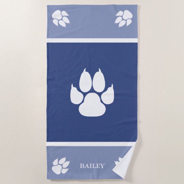 White Dog Paws On Blue With Custom Name Beach Towel (Front)