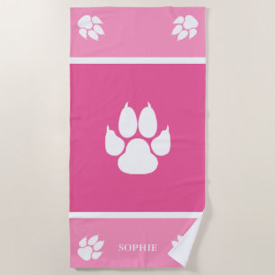 White Dog Paws On Pink With Custom Name Beach Towel