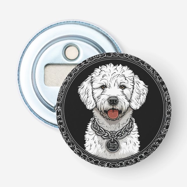 White Dog Portrait with Chain Collar Bottle Opener (Front)
