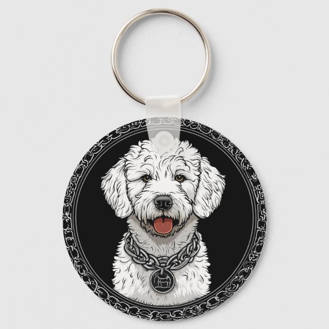 White Dog Portrait with Chain Collar Key Ring (Front)