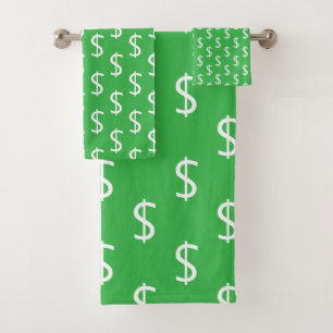 White Dollar $igns Repeat Brt Green Decorative Bath Towel Set