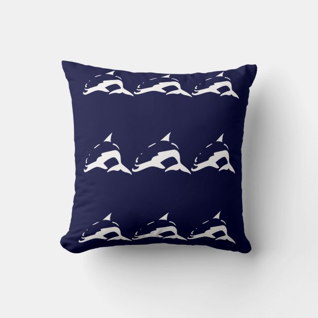 white DOLPHIN strips  on navy blue pillow (Front)