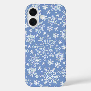 White Doodle Snowflakes & Blue Background iPhone 16 Case