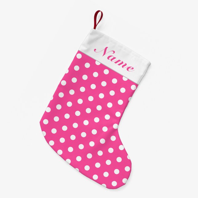 White Dots Pink Christmas Stocking Custom Name (Front (Hanging))