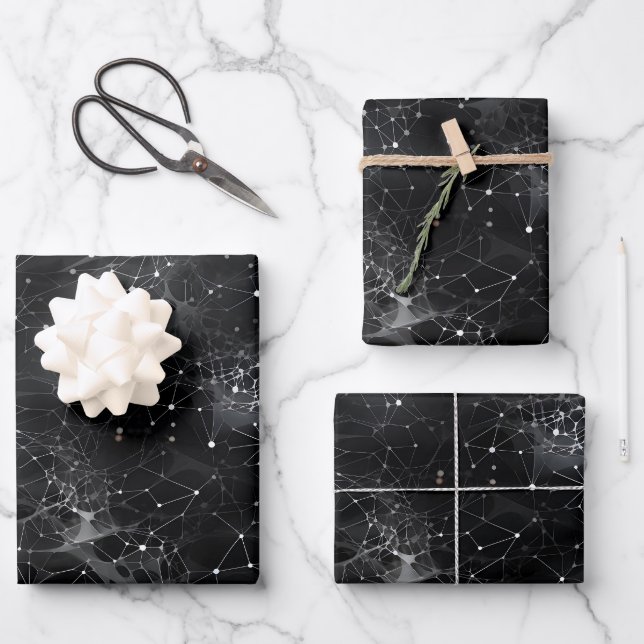 White Dots & Webs on Black Wrapping Paper Sheet (Front)