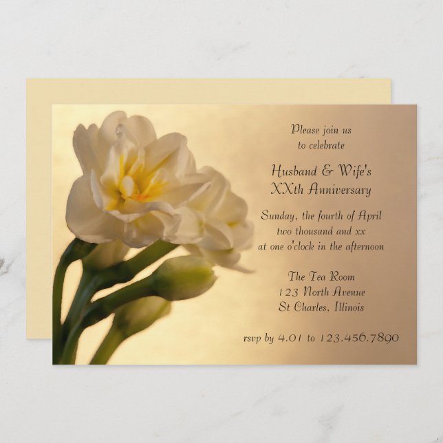 White Double Daffodil Anniversary Party Invitation (Front/Back)