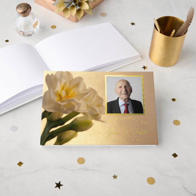 White Double Daffodil Celebration of Life Memorial Guest Book (Front Open)