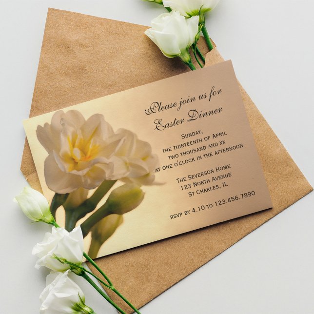 White Double Daffodil Flowers Easter Dinner Invitation (Creator Uploaded)