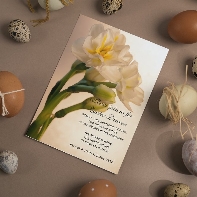 White Double Daffodils Floral Easter Dinner Invitation (Creator Uploaded)