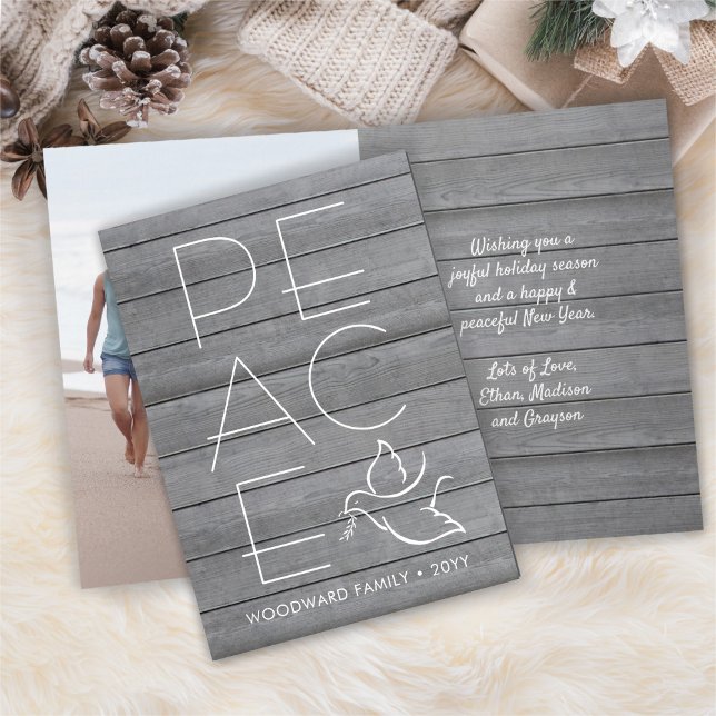 White Dove 1 Photo Modern Peace Grey Wood Folded Holiday Card (Creator Uploaded)