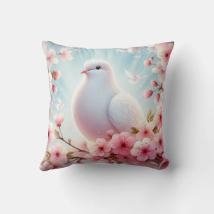 White Dove Among Pink Blossoms Cushion