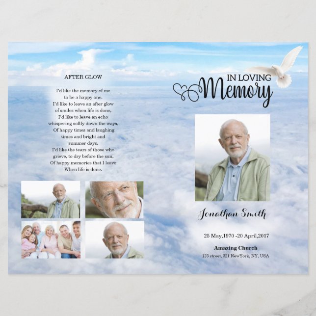 White Dove and Sky Funeral Program template (Front)