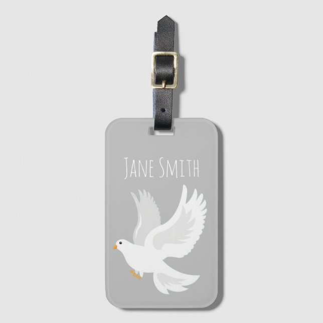 White dove bird on grey luggage tag (Front Vertical)