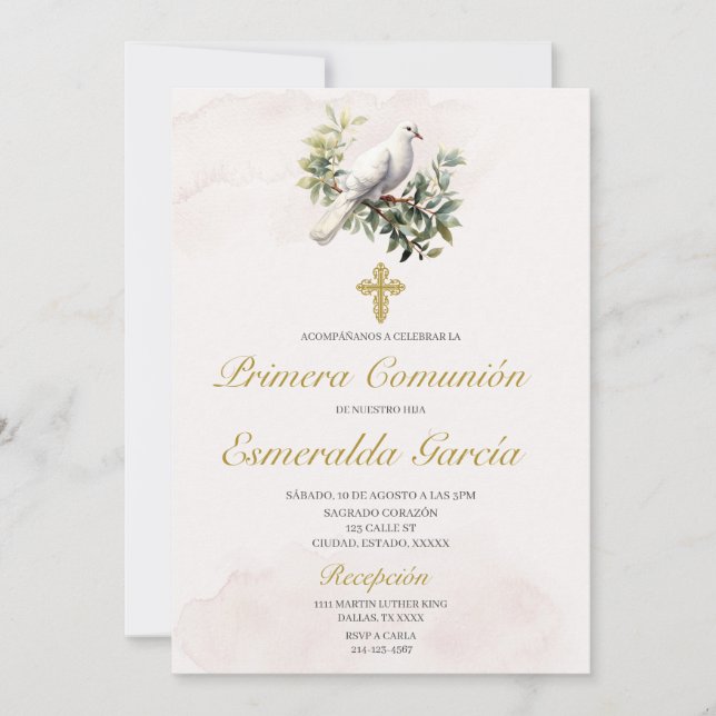 White dove floral first communion Invitation (Front)