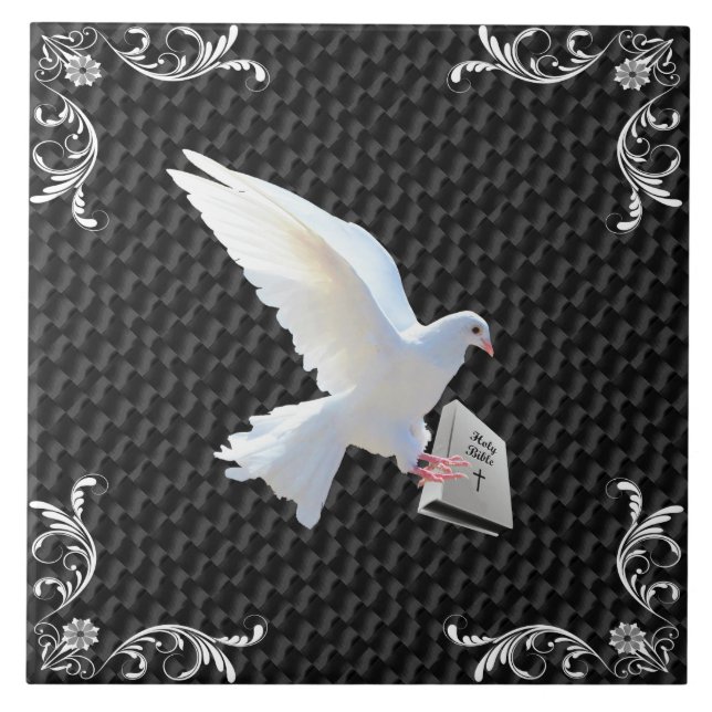 WHITE DOVE HOLDING BIBLE TILE (Front)