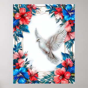 White Dove in Ornate Blue Frame Poster