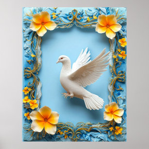 White Dove in Ornate Blue Frame Poster