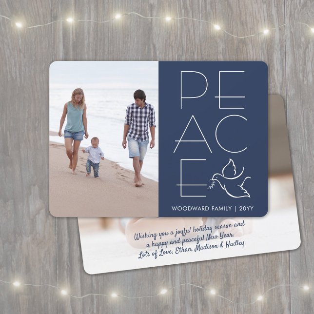 White Dove Modern Unique Peace 2 Photo Navy Blue Holiday Card (Creator Uploaded)