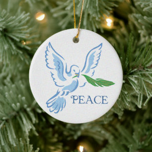 White Dove of Peace With Olive Branch Ceramic Tree Decoration