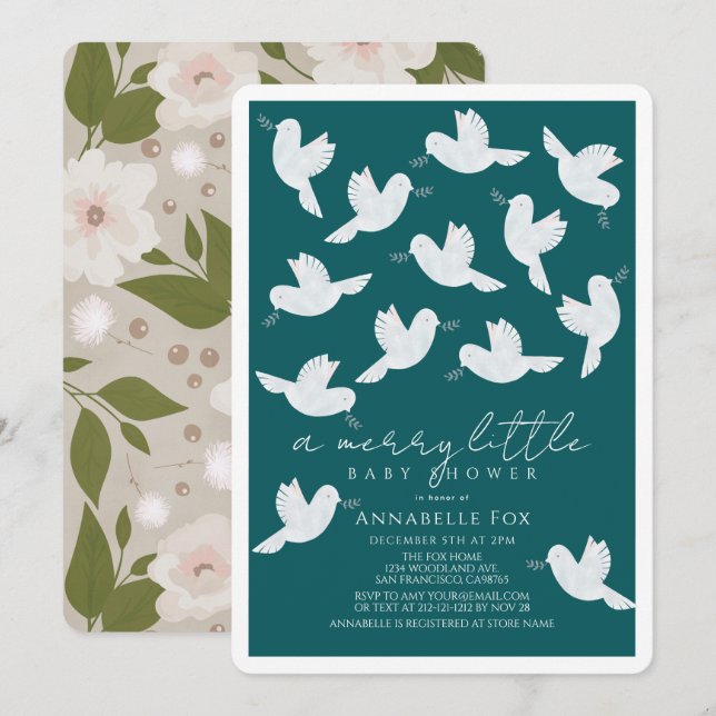 White Dove Olive Teal Boy Merry Little Baby Shower Invitation (Front/Back)